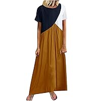 Plus Size Womens Color Block Draped T Shirt Dresses Summer Short Sleeve Round Neck Fashion Casual Maxi A-Line Dress