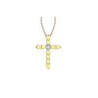 14k Rose Gold timeless cross pendant set with 10 round yellow sapphires (1/4 ct, AA Quality) encompassing 1 round white diamond, (.035 ct, H-I Color, I1 Clarity), suspended on a 18