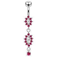 Double Studded Flower Dangling 925 Sterling Silver with Stainless Steel Belly Button Ring