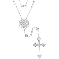 Sterling Silver Cubic Zirconia Rosary Necklace Large Fleur-de-lis Cross Miraculous Center 3mm Moon Cut Beads Rhodium Finished