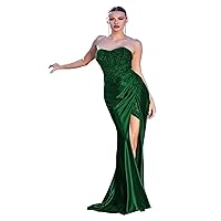 Women's Satin Mermaid Prom Dresses Long with Slit 2024 Lace Applique Strapless Maxi Formal Evening Party Gown