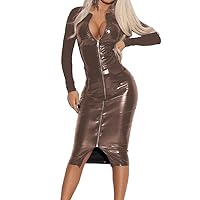 Ladies High Street Full Zipper Bodycon Midi Dress Wet-Look Sexy Wrap PVC Leather Slim Party Dresses