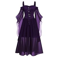 Cold Shoulder Gothic Dress,Women's Plus Size Butterfly Sleeve Lace Up Halloween Dress Irregular Mesh Lace Up Dress