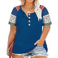 RITERA Plus Size Tops for Women Summer Henley Shirt Short Sleeve Tshirt Button Casual Tunic Tee Basic Loose Blouses Blue 5XL