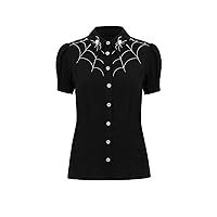 Hell Bunny Arania Spider Web Embroidered Short Sleeve Button Up Blouse Top Shirt