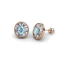 Oval Cut Aquamarine & Baguette Natural Diamond 1.18 ctw Women Milgrain Halo Stud Earrings 14K Gold