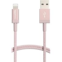Amazon Basics USB-A to Lightning Charger Cable, Nylon Braided Cord, MFi Certified Charger for Apple iPhone 14 13 12 11 X Xs Pro, Pro Max, Plus, iPad, 3 Foot, Rose Gold