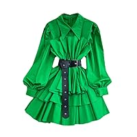Turn Down Collar Solid Color Robe Femme Pleated Belt Slim Waist Dress EN8 One Size