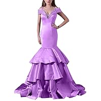VeraQueen Women's Spaghetti Straps Satin Tiered Mermaid Prom Dress Cap Sleeves Beaded Evening Dresses Lilac