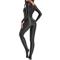CHICTRY Women's Shiny Spandex Unitard Round Neck Long Sleeves Full Body Leotard Zipper Skinny Footed Jumpsuit