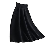 Autumn Winter Women Wool Knit Midi Skirt Korean High Waist Mid-Length Skirts Pockets Office A-Line Skirt