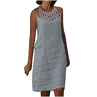 Women Hollow Sleeveless Summer Linen Dress Casual Cozy Midi Sundress Solid Knee Length Midi Dresses Dressy Dress