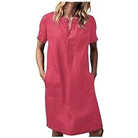 Women's Casual Dress V Neck Button Knee Length T-Shirt Dress Short Sleeve Loose Dress with Pocket