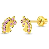 14k Yellow Gold Cubic Zirconia Magic Unicorn Screw Back Earring for Young Girls with Twist Locking Back - CZ Princess Earrings for Toddlers & Young Girls - Cut & Elegant Unicorn Studs for Girls