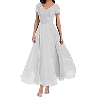 Formal Mother of The Bride Dresses Classy Modest Short Sleeves Chiffon Plus Size Mother of The Groom Dresses for Beach Wedding Elegant Evening Gowns for Women 2024 White