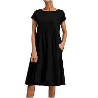 Womens Dresses Crewneck Linen Dresses for Women Short Sleeve Midi Beach Hawaiian Pleated Summer Fall Dresses 2024