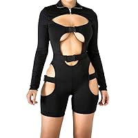 Women Sexy Hollow Out Jumpsuit Buckle Cut Out Long Sleeve Biker Short Rompers Bodysuits