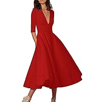 Women's V-Neck Half-Sleeve Satin Tea Length Evening Dresses