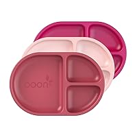 Boon Chow Silicone Plate Set - 3 Unbreakable Divided Toddler Plates - Baby Plates for 6 Months and Up - Baby Led Weaning Supplies - Pink Multicolor