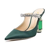 FSJ Women Crystal Chunky Heeled Mules Wedding Sandals Rhinestone Strappy Pumps Pointed Toe Fashion Slippers Slip On Bridal Shoes Size 4-15 US