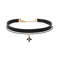 Zolkamery Womens Choker Necklace, Double Layer Leather Black Leaf Pendant Necklaces with 925 Sterling Silver Adjustable Size Extender Chain, Hypoallergenic Jewellery for Girls Ladies with Gift Box
