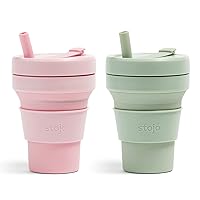 STOJO Collapsible Travel Cup Bundle With Straw - Sage and Carnation, 16oz / 470ml - Reusable To-Go Silicone Cup Set