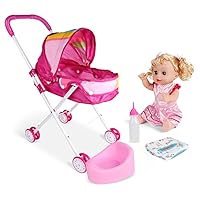 Baby Doll Stroller Set, 1 Set 55cm Baby Doll Pram with Girl Doll & Accessories, Foldable Baby Doll Pushchair Toy for 2+ Years Old Kids (Strawberry)