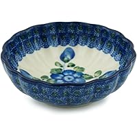 Authentic Polish Pottery Bowl 5-inch in Blue Poppies Design Handmade in Bolesławiec Poland by Ceramika Artystyczna + Certificate of Authenticity