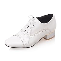 SHEMEE Women's Patent Leather Pointed Toe Flat Oxfords Pumps Vintage Wingtip Low Heels Lace Up Retro Brogues Dress Shoes