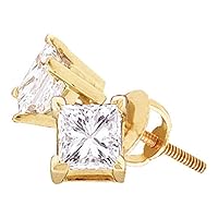 14kt Yellow Gold Unisex Princess Diamond Solitaire Stud Earrings 1.00 Cttw