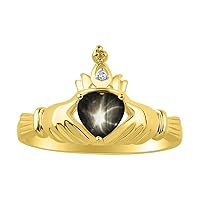 Rylos Rings for Women 14K Gold Plated Silver Claddah Love, Loyalty & Friendship Ring Heart 6MM Gemstone & Diamond Claddagh Rings Birthstone Jewelry for Women Sterling Silver Rings Size 5-13