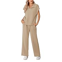Womens Two Piece Outfits Sleeveless Pullover Tops and Wide Leg Pants Half Zip Jogger Lounge Sets