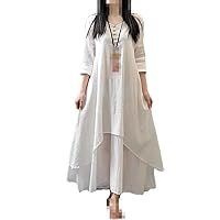 Women's Boho Cotton Linen Vintage Maxi Dress Fake Two-Piece Robe