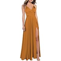 Women's Bridesmaid Dresses Long V Neck Prom Dress with Slit Pleats Satin Formal Evening Gowns with Pockets COO20