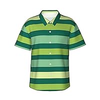 Men's Hawaiian Shirt Loose Short Sleeve Button Down Green Striped Beach Shirts Casual Shirts