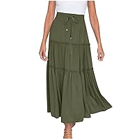 Khaki Skirt for Women Women's A-Line Ruffle Skirt Boho Summer Long Skirt 2024 Casual Beach Skirt Elastic Waist Flowy Maxi Skirts for Women Pleated Tennis Skirt Plus