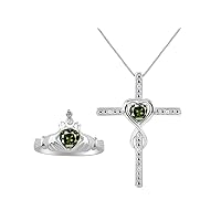 Rylos Matching Jewelry 14K White Gold Claddagh Friendship Ring & Cross Necklace with 18