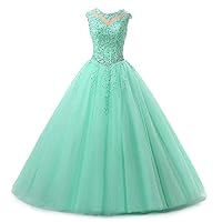 VeraQueen Women's Lace Beaded Quinceanera Dress Sheer Neck Sleeveless Sweet 16 Ball Gown