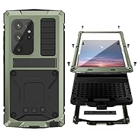 Samsung S24 Ultra Metal Bumper Silicone Case with Stand Built-in Screen Protector Gorilla Glass Hybrid Durable Military Shockproof Heavy Duty Rugged Outdoor Man Full Body Camera Cover (Green)