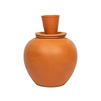 Handmade Earthen Clay Water Pot with Lid and Glass (Capacity 6000 ml / 202 oz)