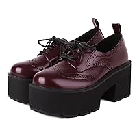 SHEMEE Women's Vintage Wingtip Oxfords Pumps Chunky Platform Block High Heel Round Toe Lace Up Gothic Brogue Shoes