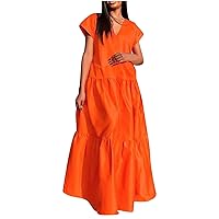 2023 Trendy Summer Dresses for Women Ladies Casual Vacation Dress V Neck Short Sleeve Sundress Tiered Swing Dresses
