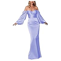 Women's Off The Shoulder Mermaid Prom Party Satin Lacing Prom Gown with Split Pleats Floor Length Evening Dress