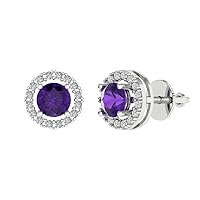 Clara Pucci 1.60 ct Round Cut Conflict Free Halo Solitaire Natural Amethyst Designer Solitaire Stud Screw Back Earrings 14k White Gold