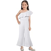 YiZYiF Girl's One Shoulder Ruffle Trim Flare Pants Jumpsuit Sleeveless Summer Casual Birthday Party Romper