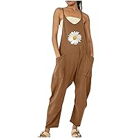 Women's Baggy Jumpsuits Daisy Print Overalls Long Pants Suspender Rompers Casual Loose Fit Jumpsuit with Pockets