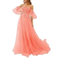 Eightale Cold Shoulder Prom Dresses Tulle Long Lace Appliques A Line Formal Party Evening Gown