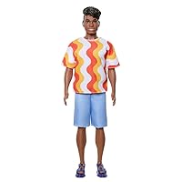Fashionistas Ken Doll #220 with Behind-The-Ear Hearing Aids & Broad Body Wearing a Removable Orange Patterned Shirt, Shorts & Jelly Sandals