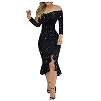 Formal Dresses for Women 2023 Trendy Casual Sexy One-Line Neck Ruffle Slit Sequin Dress New Years Eve Dress