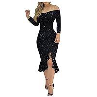 Women's Fashion Long Dress Sequins Hip Bag Longuette Dress Long Sleeve Pleated Temperament V-Neck Long Dresses